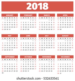 Simple 2018 Year Calendar Week Starts Stock Vector (Royalty Free) 497151169