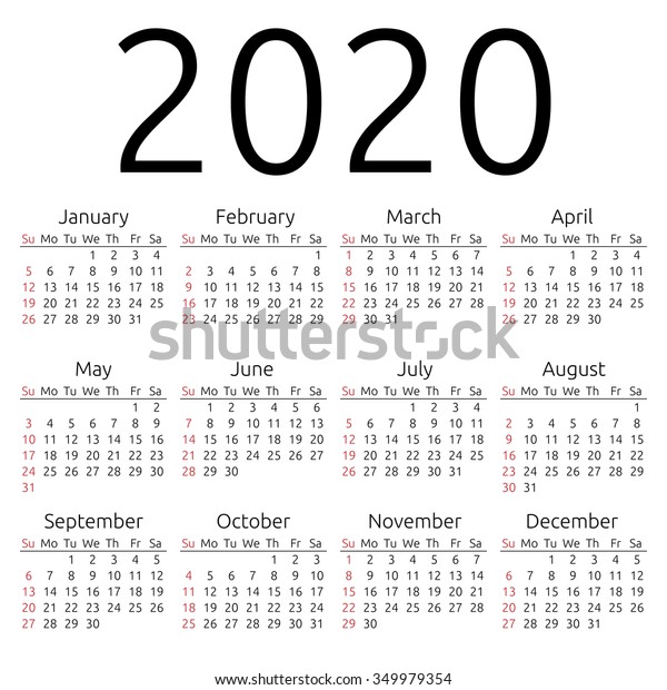 Simple 2020 Year Calendar Week Starts Stock Illustration 349979354 ...