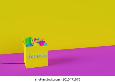 Simple 3d illustration with a box filled with all sorts of rubbish and the inscription INTERNET. Abstract representation of the world wide web network with empty place for text.