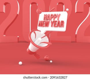 Simple 3D Rendering Of Megaphone Shouting Out Happy New Year On Pink Background.