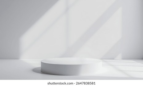 Simple 3d rendering of round pedestal in clean bright room, modern abstract scene perfect for showcasing single premium cosmetic item