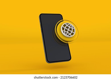 simple 3d world icon and iPhone 13 pro on yellow background