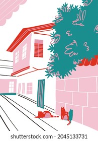 Simple abstract street  cats  small houses  illustration  Abstract architecture drawing poster  Cartoon buildings illustration Trendy homes and windows  roof   trees abstract illustration 