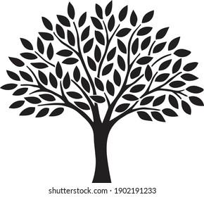 Simple Abstract Tree With Leaves Black Silhouette Illustration Isolated On White Background