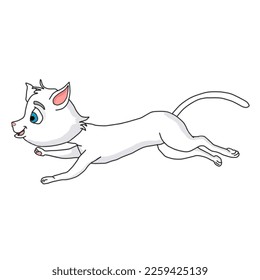 Simple   adorable white cat cartoon jumping in side view outlined