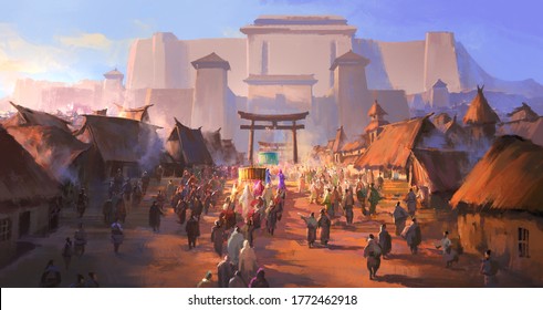 The Simple Ancient People Greeted The Foreign Envoys, Digital Painting.