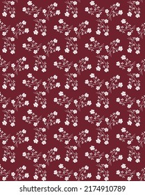 Сute Simple Bicolor Botanical Pattern In Cottage Decor Style Delicate Spring Summer Small Scale Florals On A Dark Burgundy Ground Ditsy Floral Dress Flat Lay Design Minimal, Limited Color Palette