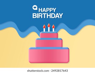 Simple Birthday Card with Blue and Yellow Theme and Pink Cake with Candles || Ucapan Selamat Ulang Tahun dengan Kue Ulang Tahun - Powered by Shutterstock