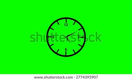 A simple black analog clock with a round face and short hour and minute hands is centered on a solid neon green background. The clock face has black numbers and lines marking the hours. The clock appears to show a specific time.