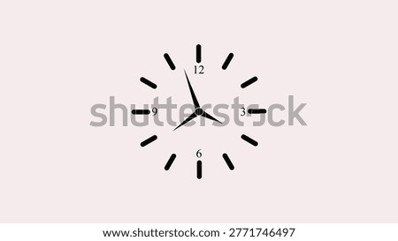 A simple black clock face with hour markers and hands on a light pink background. The clock face black lines for hour markers and thin hands for hours, minutes, and seconds. The numbers 12, 3, 6, and 9 are visible. The background is a solid light pink color.