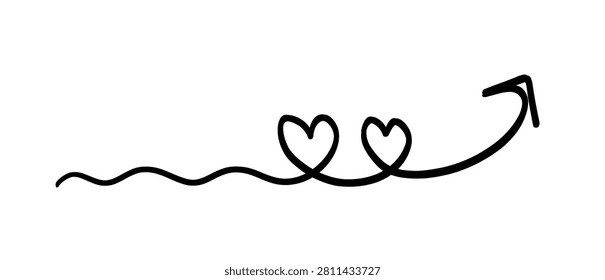 A simple black line drawing features a wavy line that transforms into two connected hearts and culminates in an upward-pointing arrow