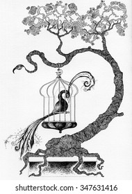 Simple Black On White Drawing - BONSAI - Curved Tree With A Magic Bird In A Cage