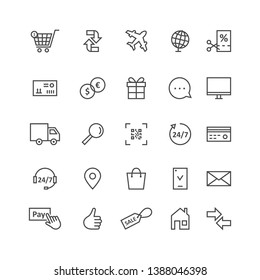 Simple Black Thin Line Icons For Ecommerce And Shopping. Concept Of Supply Of Goods By Air Plane, Website Advertising And Transaction Process On White. Stroke Style Like Modern Ui Logo Graphic Design