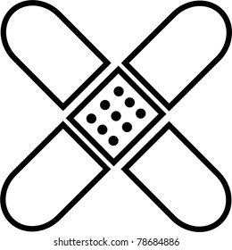 Simple Black And White Icon Style Line Drawing Of A Bandaid Sticking Plaster.