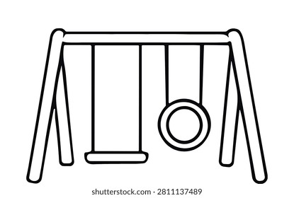 A simple black and white illustration of an empty swing set. It features a tire swing and two traditional swings, all suspended from a sturdy frame.