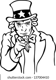 Simple Black And White Line Drawing Of Uncle Sam Pointing.