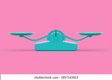 Simple Blue Balance Scale in Duotone Style on a pink background. 3d Rendering