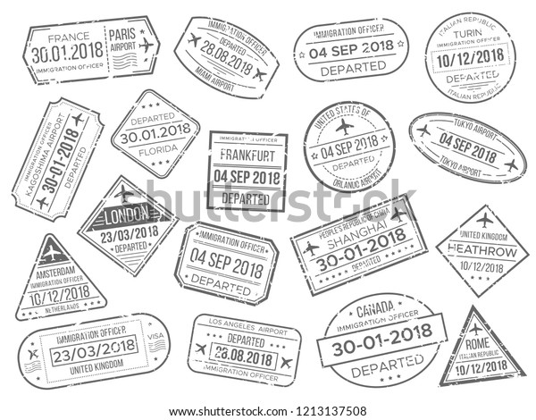 簡単なビジネス用空港のカチェットマークと税関用航空券コントロールスタンプ 外国日本イギリスイタリア中国カナダ フランス旅行と入国パスポートの公式切手サインセット のイラスト素材 1213137508