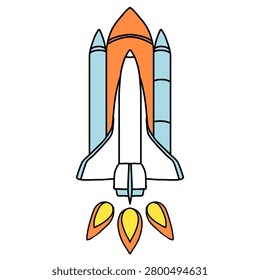 Simple cartoon space shuttle launching upward with orange fuel tank, blue boosters, and flame exhaust on a black background.
