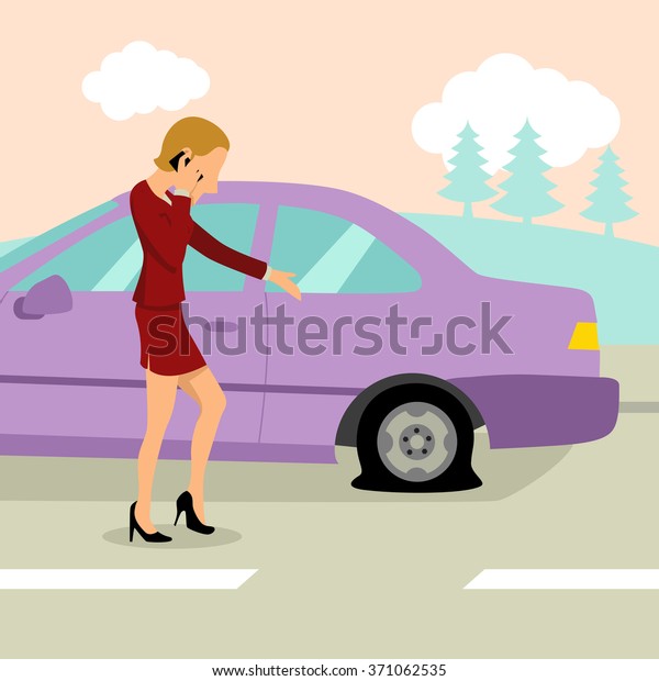 Simple\
cartoon of a woman with flat tire, raster\
version