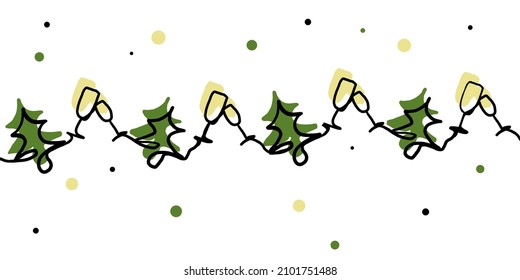 Simple Christmas Background. Drawn With One Continuous Line. Christmas Tree, Champagne, Spray Isolated On White Background