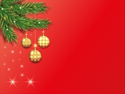 Simple Christmas Background. The Background Is Red, Against The Background Of A Christmas Tree With Golden Toys And Sparkles. There Is A Place For Text