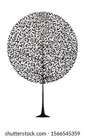 Simple Circle Topiary Tree Drawing Using Ink Pen In Silhouette Style For Icon And Graphic And Tattoo Design Element Purpose