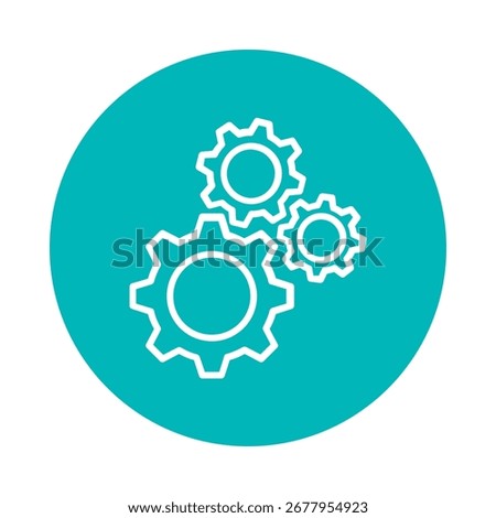A simple, clean icon of three interlocking gears in white outline on a teal blue circular background, symbolizing teamwork and mechanics.