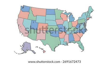 A simple and clear vector map of the United States, showing all 48 contiguous states plus Alaska and Hawaii, colored with a diverse, flat color palette to differentiate the states. 