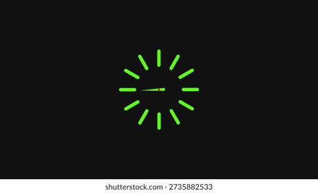A simple of a clock face with bright green lines radiating from the center on a solid black background. The clock face has no numbers, and the center a small red dot. Two thin green lines extend from the center, one longer than the other, indicating the time. The overall is minimalist and futuristic.