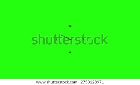 A simple clock face on a bright green screen with black numbers and hour hand, showing a minimalist with numbers at 12, 3, 6, and 9 o'clock positions, and the hour hand pointing between 9 and 3. clock, clock face, green screen. green screen clock face with hour hand numbers