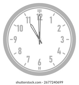 A Simple Clock Showing 11 O'Clock, Minimalist Vector Clock at 11:00, Gray Clock Isolated on a White Background