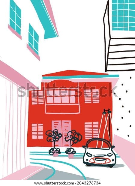 Simple and cozy street, small houses\
illustration. Abstract architecture drawing poster. Cartoon\
buildings illustration.Trendy homes with windows, roof and trees\
abstract line\
illustration.