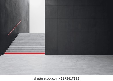 Simple Dark Concrete Tile Interior With Stairs And Mock Up Place On Wall. School Hallway And Corridor Concept. 3D Rendering