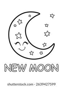 Simple dark new-moon disc with tiny face, bold outline, word “NEW MOON”. Printable for lunar phases, alphabet N and kids crafts.