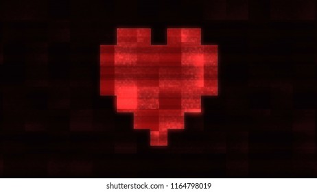 A Simple Digital Heart Made Of Pixels. Black Background. Heavy Noise And Glitch Fx.
