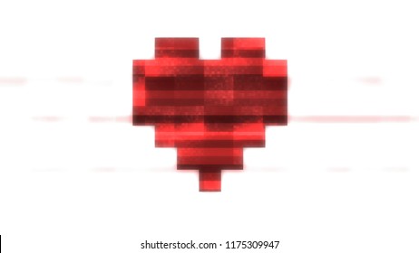 A Simple Digital Heart Made Of Pixels. White Background. Heavy Noise And Glitch Fx.