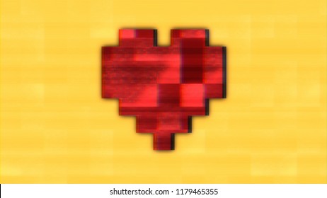 A Simple Digital Heart Made Of Pixels. Yellow Background. Heavy Noise And Glitch Fx.
