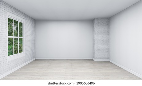 Simple Empty White Room Interior, Photorealistic 3D Illustration Of The Interior, Suitable For Using As A Backdrop In Photo Manipulations Or As A Zoom Virtual Backgrounds.	