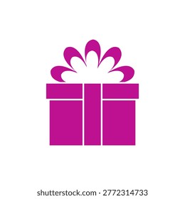 A simple, flat design icon representing a gift box with a decorative purple ribbon and bow. Perfect for celebrations, promotions, or any occasion requiring a festive touch.
