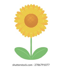 Simple flat vector illustration of a bright yellow sunflower with green stem and leaves on a black background, cute minimal icon style.
