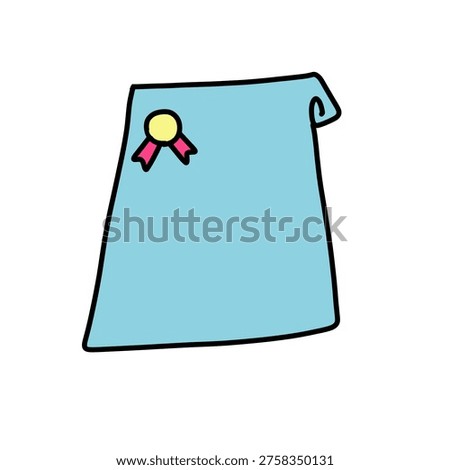 Simple flat vector-style illustration of a blue certificate or diploma with curled corner and small award ribbon badge on black background.