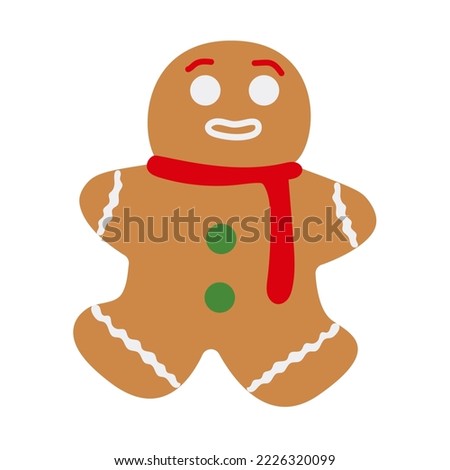 Simple flat yammy brown ginger man cookie with white icing in a red scharf and green buttoms
