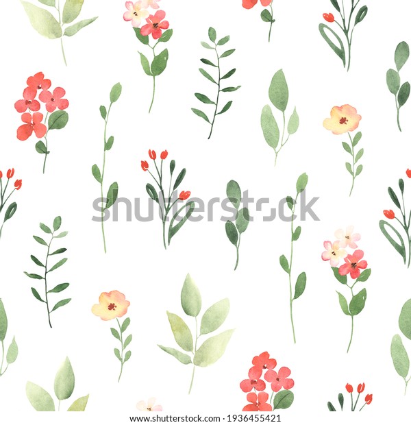 小さな花と枝を持つシンプルな花柄 白い背景に水彩のシームレスな印刷 繊維 壁紙 包装紙用の自然イラスト のイラスト素材