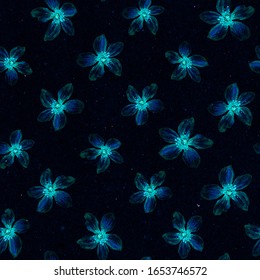 Simple flowers seamless pattern. Cherry flowers on a textured dark blue background. linear flowers pattern on a dark background. For packaging design, invitation cards, etc.