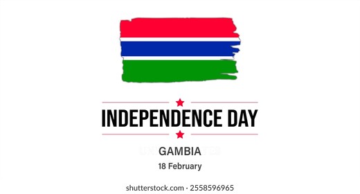 A simple Gambia Independence Day graphic with a prominent Gambian flag and text highlighting the celebration of freedom on February 18th. - Powered by Shutterstock