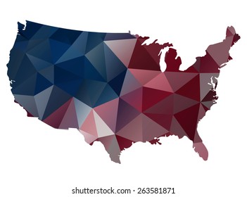 Simple geometric polygonal design map of the USA.Abstract USA flag overlay on USA map with geometric polygonal design.Raster version.