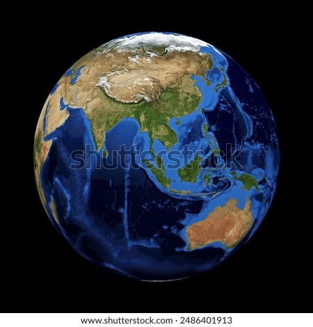 Simple glob map, blue green white and soil colour global illustration, black background. 