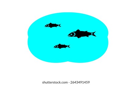 Simple graphic design featuring three black fish silhouettes gracefully swimming in a vibrant turquoise pond. Minimalist aquatic artwork.