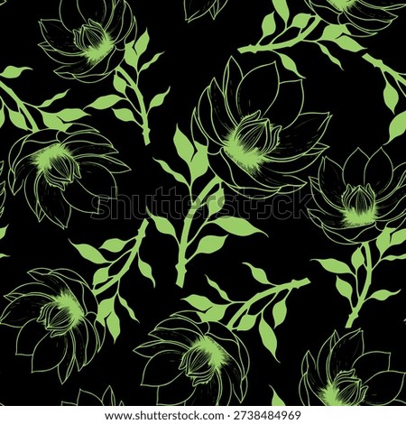 simple graphic seamless pattern of green magnolia flowers on black background, texture